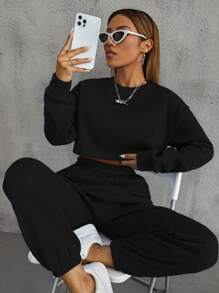 SHEIN Unity Drop Shoulder Cropped Sweatshirt And Elastic Waist Sweatpants Sports Set - Black - View 4