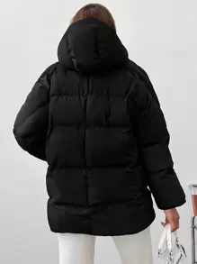 EURMUSE Solid Zip Up Hooded Puffer Coat - Black - View 2