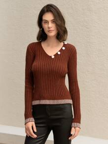 SHEIN Unity V-Neck False Button Long Sleeve Sweater Knit Pullover Fall Winter Outfit - Chocolate Brown - View 7