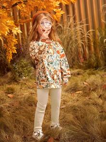 SHEIN Nhỏ bé Cô gái Thoải mái Thời gian rảnh rỗi con hổ & Thực vật In Áo nỉ Và Dài Quần Bộ - Màu be - Xem 2