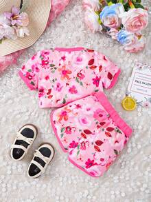 Baby Girls' Cute Floral Printed Short Sleeve T-shirt And Shorts Set For Summer - Pink - View 2