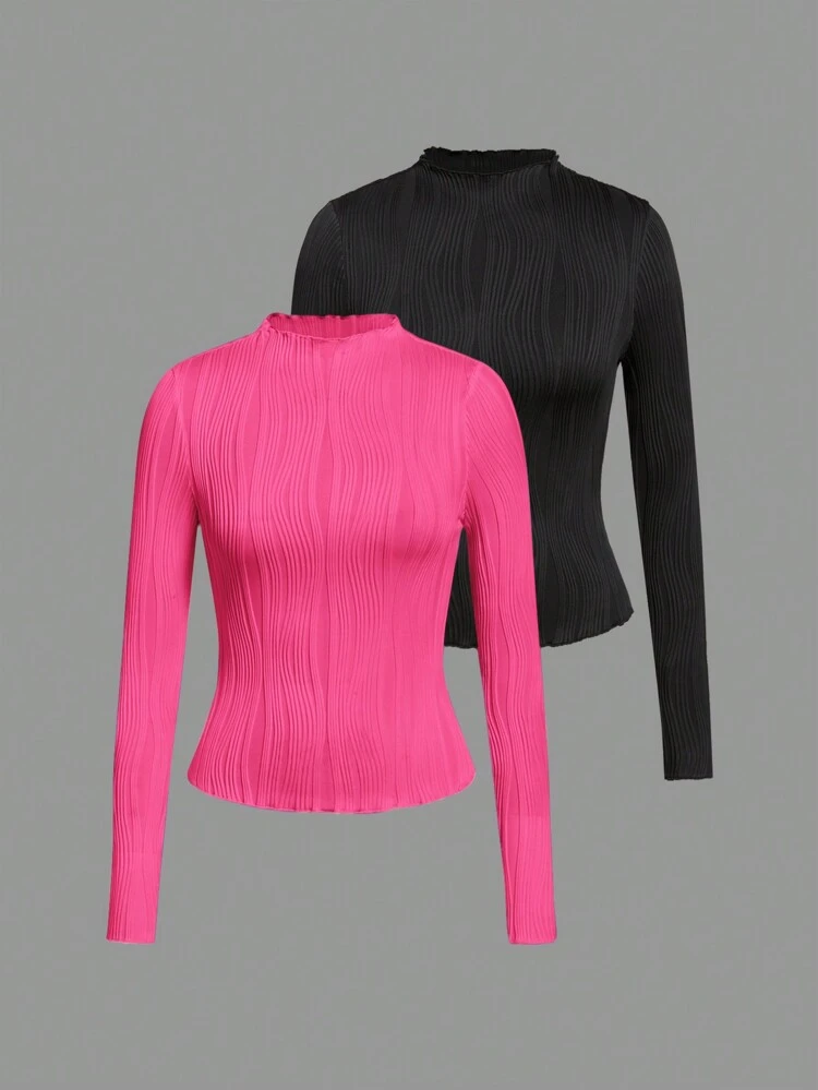 Solid Color Half High Neck Slim Fit Long Sleeve Tee