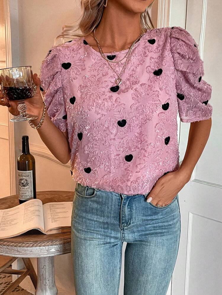 Tie Back Heart Pattern Jacquard Blouse