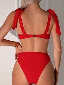 SHEIN Swim Conjunto De Bikini Rojo Con Detalles De Lazo En Las Correas - Rojo - Ver 2