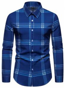 Manfinity Mode 男士格子长袖衬衫，秋季 - 寶藍色 - 查看 1