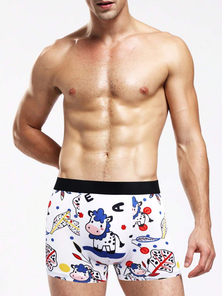 Men's Cartoon Cow Printed Boxer Briefs - Multicolor - View 1