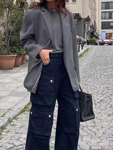 Elegant Oversized Gray Wool Blend Straight Jacket Outwear, Suitable For Commuting, Spring/Autumn - Dark Grey - View 5