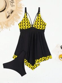 Geo Print Asymmetrical Hem Tankini For Summer Beach Vacation - Multicolor - View 7