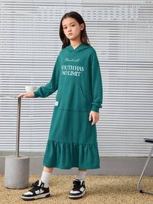 SHEIN 少女款卫衣连衣裙，带袋鼠口袋和字母印花设计 - 藍色 - 查看 4