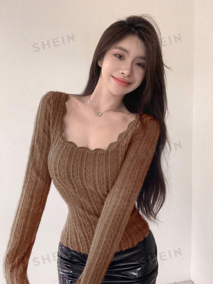 Dazy Star Camiseta de manga larga con cuello cuadrado acanalado para mujer, ropa de otoño