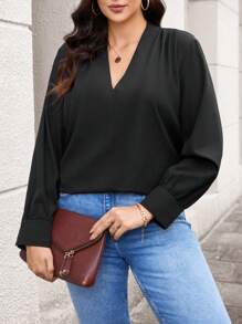 SHEIN Frenchy Plus Size Women's Long Sleeve Shirt - Black - View 1