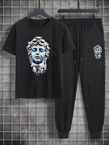 Manfinity EMRG Men Plus Sculpture Print Short Sleeve T-Shirt And Long Pants Two-Piece Set - Black - View 5