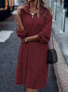 SHEIN LUNE Solid Color Lapel Dress - Burgundy - View 3