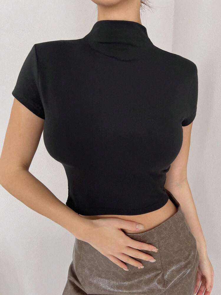 Women's Solid Color Stand Collar Slim Fit T-shirt