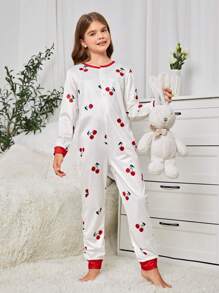 適合青少年女孩穿著的櫻桃印花家居服 - 紅白色 - 查看 3