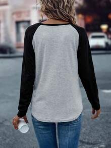 Women's Leopard Print & Letter Printed Raglan Sleeve Long Sleeve T-Shirt - Grey - View 2