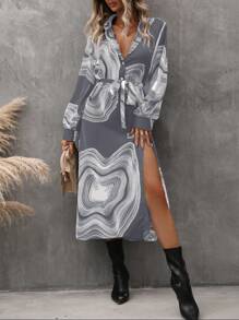 SHEIN Clasi 隨機印刷長袖連衣裙 - 灰色 - 查看 3