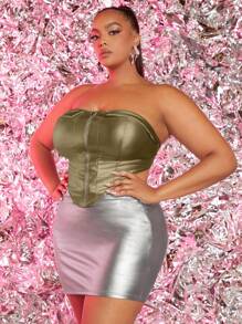 SHEIN SXY Plus Size Solid Color Strapless Top With Zipper & Asymmetrical Hemline