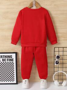 2入組幼童男孩英文字母拼接長袖衛衣和褲子,春秋季圓領款式 - 酒紅色 - 查看 2