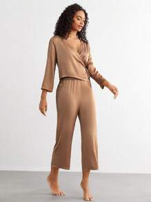 Ocili Elegant Coffee Brown V Neck Pant Set With Wrap Tie Front For Women Sleepwear