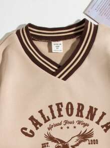 SHEIN Tween Girls' Eagle & Letter Print Striped V-Neck Sweatshirt