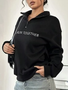 SHEIN Unity In Một nửa khóa kéo Giải trí Áo nỉ - màu đen - Xem 5