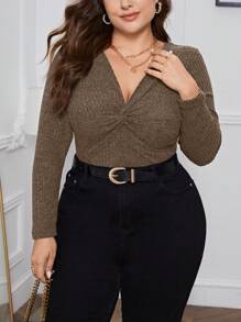 SHEIN Privé Plus Size Long Sleeve T-shirt With Twisted Knot Detail - Coffee Brown - View 4