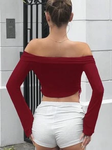 SHEIN ICON Top de malla con hombros descubiertos y dobladillo asimétrico con volantes - Burdeos - Ver 2