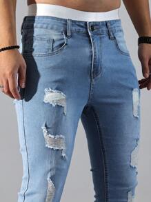 Manfinity LEGND 男式棉质破洞紧身纯色修身长款浅蓝色工装牛仔裤浅色牛仔裤，适合送给老公、男朋友的礼物 - 淺色水洗藍 - 查看 4