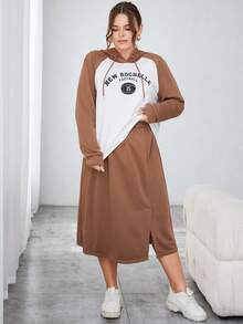 SHEIN Essnce 大尺寸抽繩連帽衫和運動褲套裝,有色塊和字母印花 - 卡其色 - 查看 6