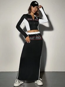 SHEIN EZwear 運動風字母拼接印花休閒裝2件套 - 黑與白 - 查看 6