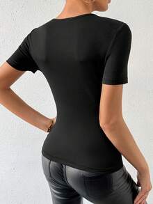 SHEIN Privé Women's Mesh Contrast Short Sleeve T-Shirt - Black - View 2