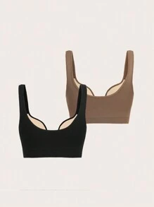 Easithlete 2pcs Solid Ribbed Knit Sports Push Up Bra - Multicolor - View 2