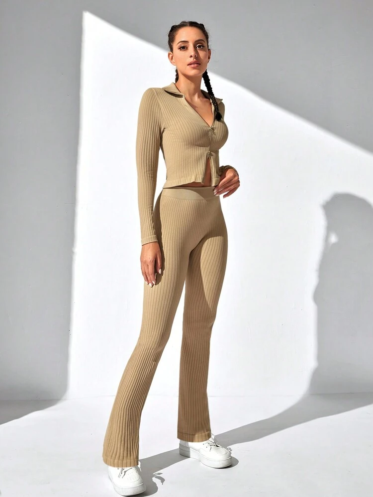 Women's Zipper Front Hooded & Pocket Ribbed Sports Suit