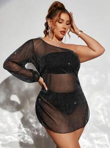 SHEIN Swim Curve 大码女式单肩网眼长袖比基尼套装夏季 - 黑色 - 查看 5
