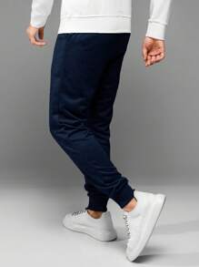 SHEIN Cottnline Men's Drawstring Jogger Pants With Text Print - Navy Blue - View 2