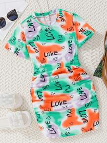 SHEIN 女孩時尚扎染愛心圖案連衣裙,帶摺褶設計 - 彩色 - 查看 1