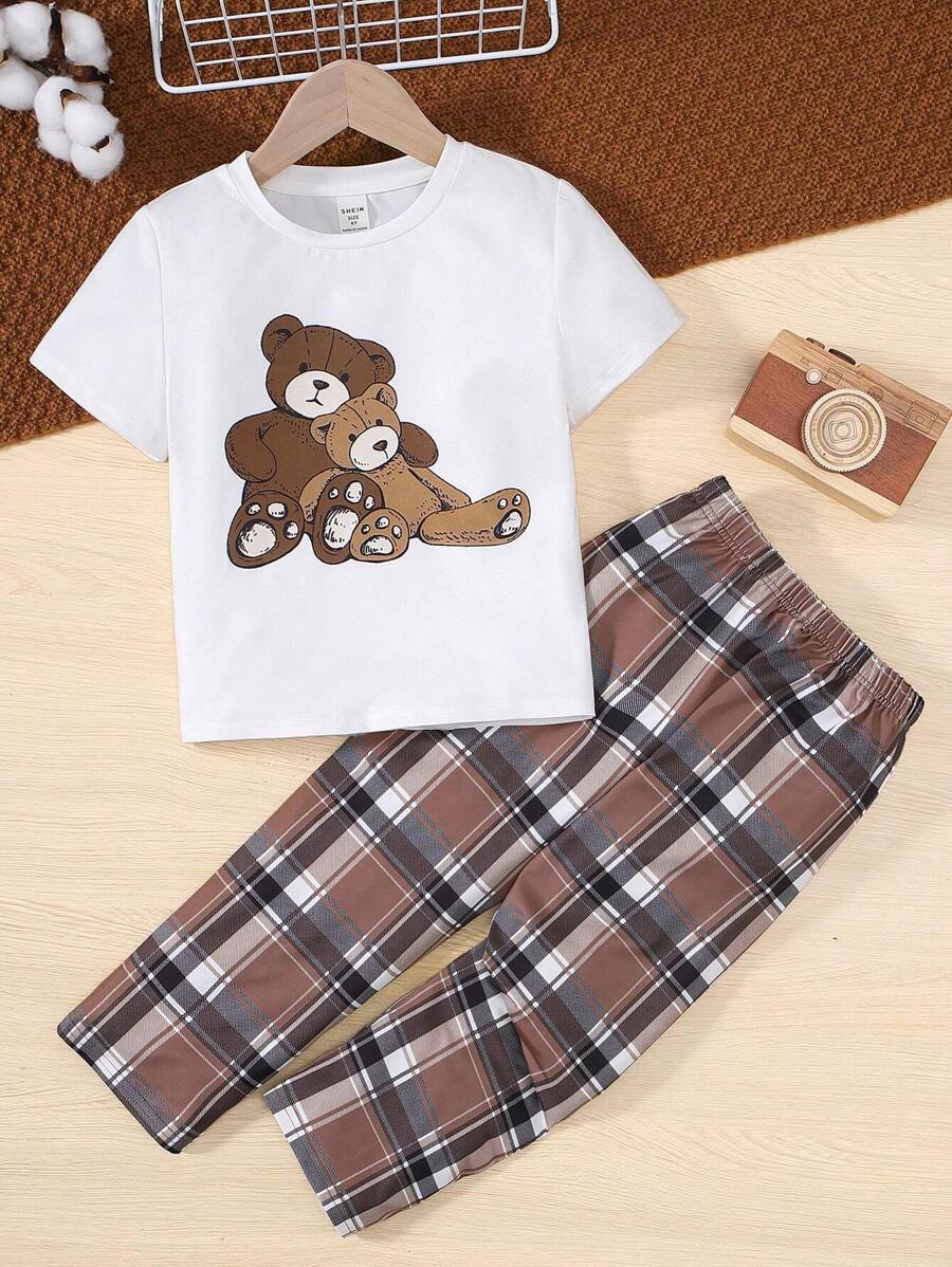 SHEIN 男童寬鬆休閒熊圖案圓領t卹格褲家居服 - 彩色 - 查看 1