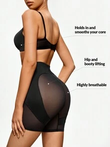 SHAPORA Shorts de fajas de talle alto de malla en contraste - Negro - Ver 3