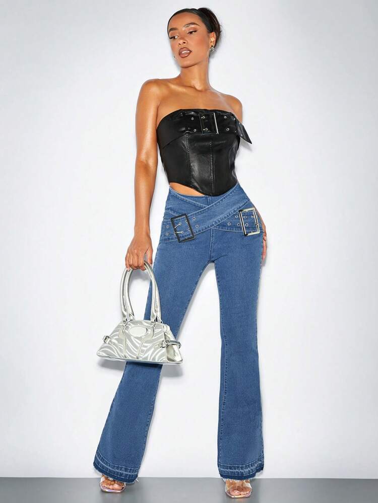 Stretch Skinny Blue Bootcut Jeans With Metal Double Belt Buckle