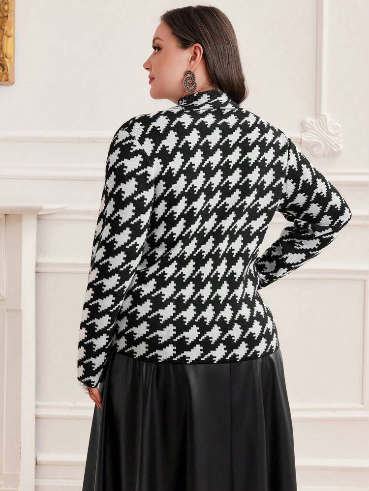 Plus Size Women's Stand Collar Houndstooth Sweater Pullover