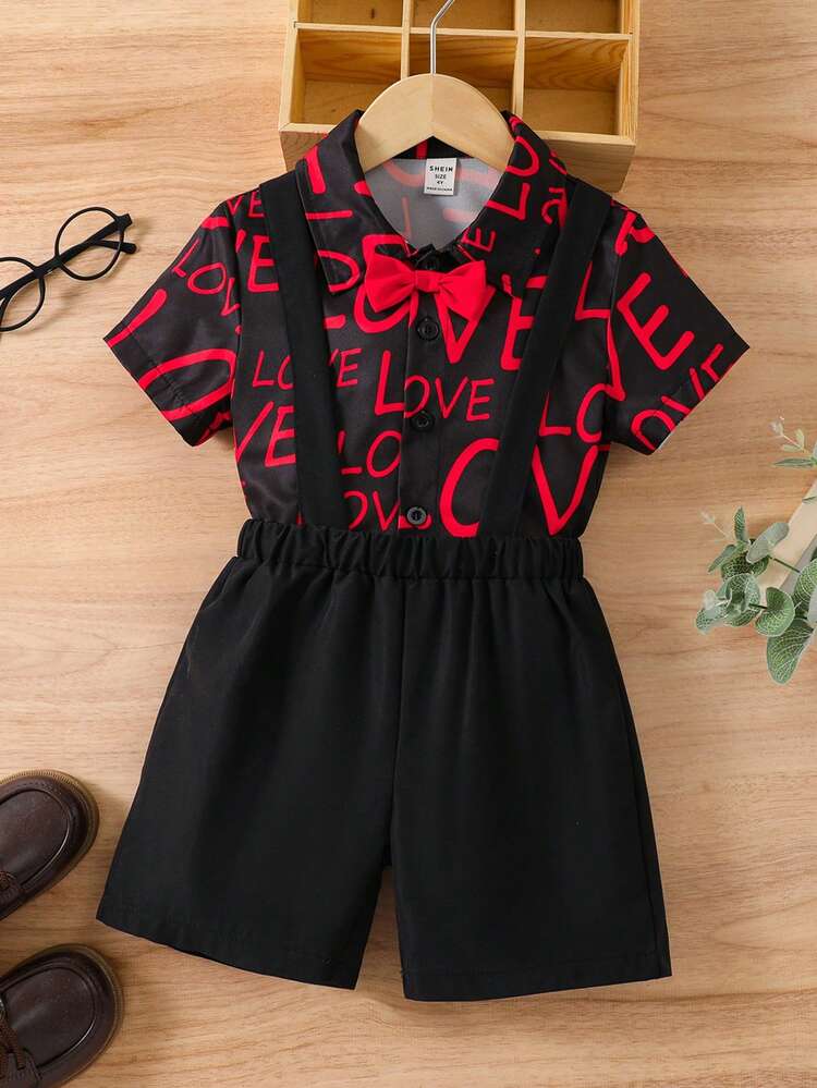 Toddler Boys' Letter Printed Shirt With Bowknot And Suspenders Shorts Set