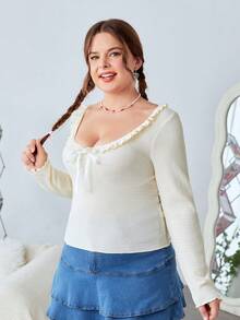 SHEIN EZwear 大码女式长袖荷叶边T恤 - 杏色 - 查看 3