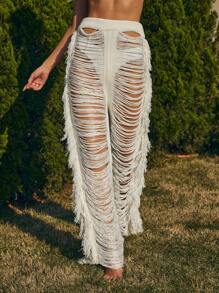 SHEIN Swim Summer Beach Hollow Out Perspective Fringed Cover Up Pants - White - View 4