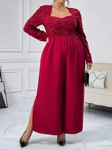 SHEIN Privé 女士加大码心形领口宽腿连体裤 - 酒紅色 - 查看 2