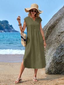 EMERY ROSE Women's Army Green Notched Neck Button Detail Slit Dress For Summer - Army Green - View 3
