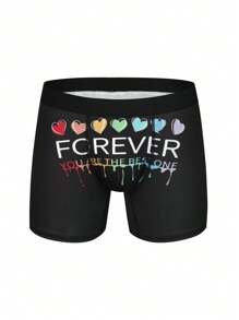 Men's Heart And Text Printed Boxer Briefs - Black - View 1