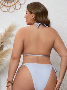 SHEIN Swim Curve Bộ bikini tam giác hở lưng màu trơn cỡ lớn mùa hè - Màu xanh nhạt - Xem 2