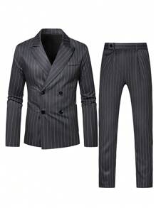 Manfinity Mode Men Striped Print Double Breasted Blazer & Suit Pants - Dark Grey - View 3