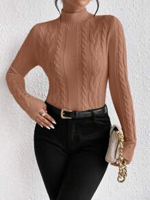 SHEIN Frenchy 針織半高領長袖毛衣 - 鏽棕色 - 查看 3